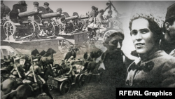 Нестор Махно зі своїми соратниками на тлі кулеметів, тачанок і вояків 1920-х років (колаж) 