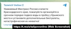 Скріншот із Telegram-канала проросійського блогера Таліпова із проханням до влади організувати підвіз води для водіїв і пасажирів автівок, які стоять у багатодинних заторах на спеці перед в'їздом на Кримський міст з боку Росії.