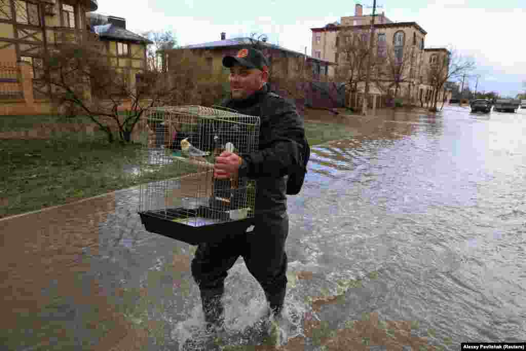 Чоловік несе клітку з папугою, йдучи затопленою після шторму в Євпаторії вулицею, 27 листопада 2023 року