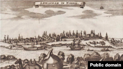 Вигляд Астрахані з мемуарів Адама Олеарія про подорож на Схід у 1636 (Шлезвіг, 1647)
