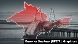 Карта Кримського півострова на тлі Керченського мосту, фотоколаж